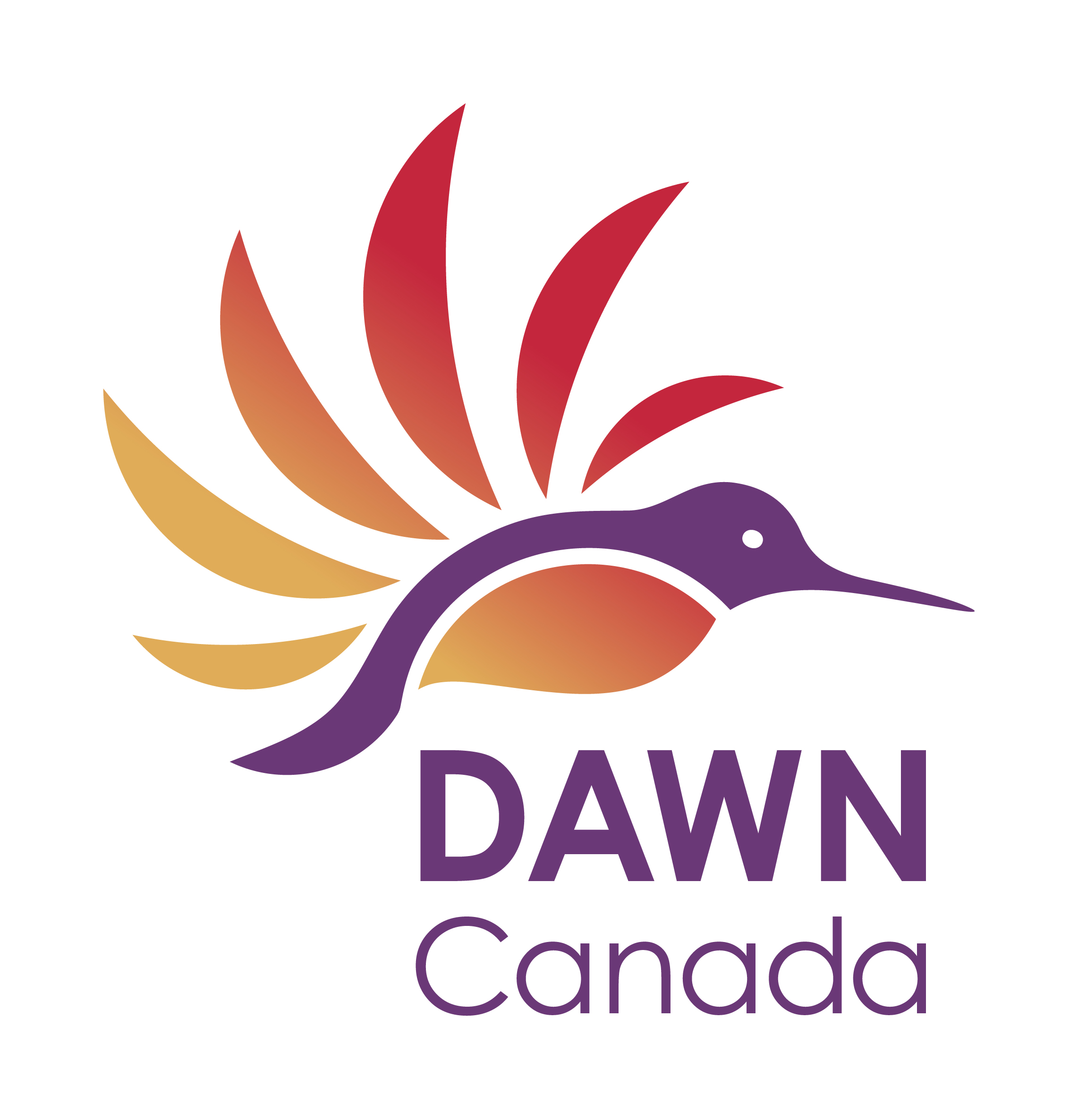 The DAWN Canada logo, a purple hummingbird with a red and yellow gradient belly and wings that form the sun.