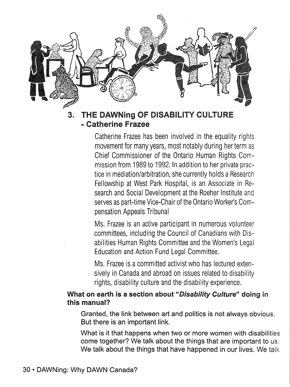 Scan of the article "The DAWNing of disability culture" by Catherine Frazee