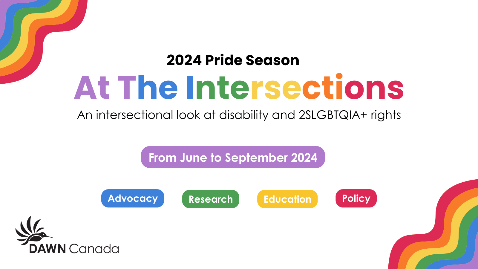 Poster for DAWN's campaign, 2024 Pride Season At The Intersections, from June to September 2024, which will cover DAWN's four pillars: Advocacy, Research, Education and Policy.