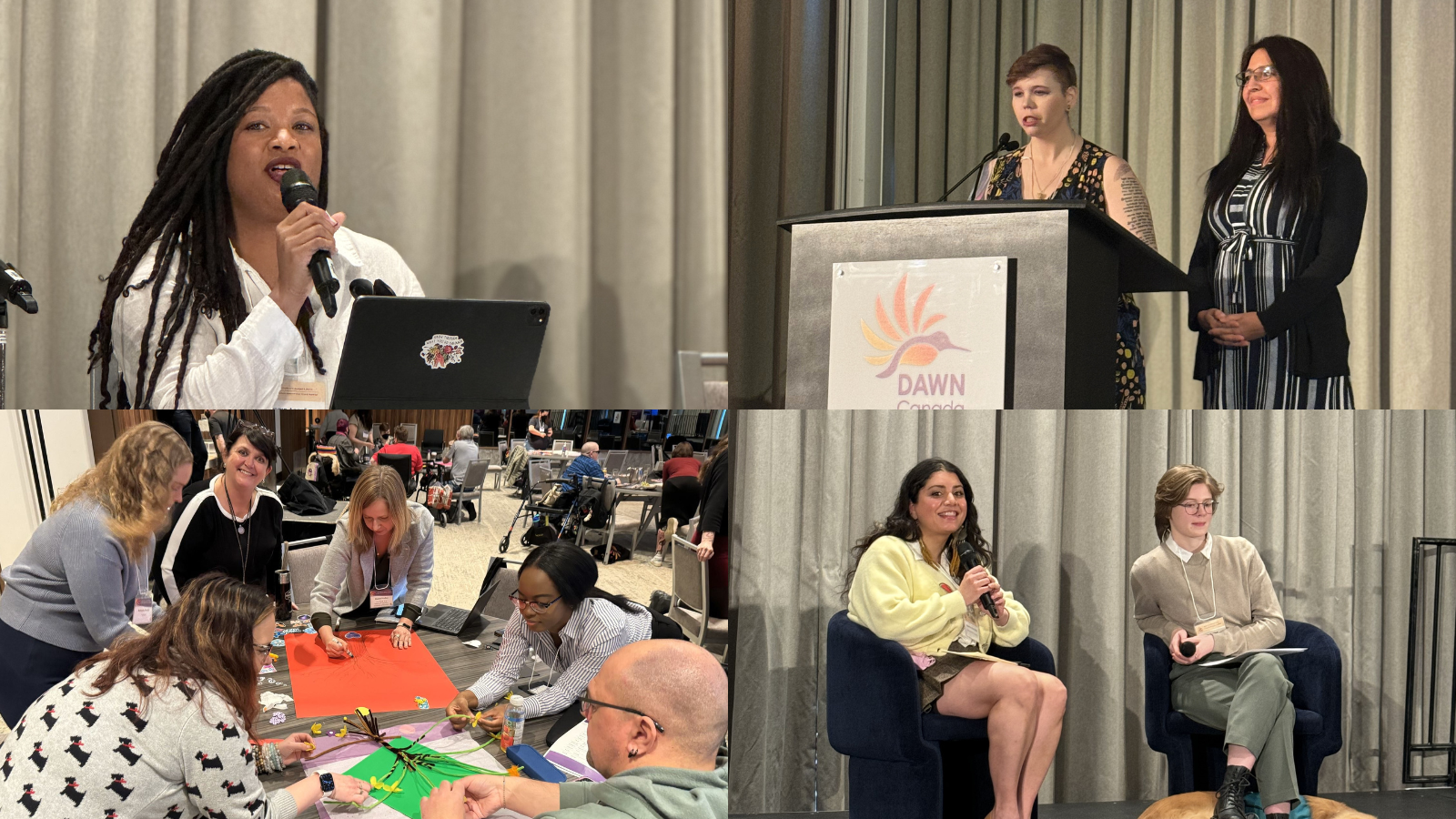 The image is a collage featuring 4 shots from DAWN's March event: on the top left corner, Tamara Angeline Medford Williams is speaking with a microphone in her hand; on the top right corner, a HFDC member is presenting at the podium; at the bottom left corner, a group engaging in a workshop activity around a table; and at the bottom right corner, Nashwa Khan and Erin Decker are presenting at the conference.