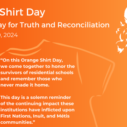 The image has an orange background and is titled Orange Shirt Day: National Day for Truth and Reconciliation, September 30, 2024. Below the title, there is an outline of an orange t-shirt, and to the right, there is a white feather with birds flying out from it, symbolizing liberation. The text in the image reads: On this Orange Shirt Day, we come together to honor the survivors of residential schools and remember those who never made it home. This day is a solemn reminder of the continuing impact these institutions have inflicted upon First Nations, Inuit, and Métis communities. In the bottom right corner, there is a white logo of DAWN Canada.