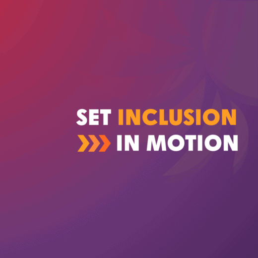 Graphic with a gradient background transitioning from red to purple, featuring bold text that reads 'Set Inclusion in Motion' in white and orange, accompanied by two orange forward arrows. Subtle abstract floral patterns are visible in the background.