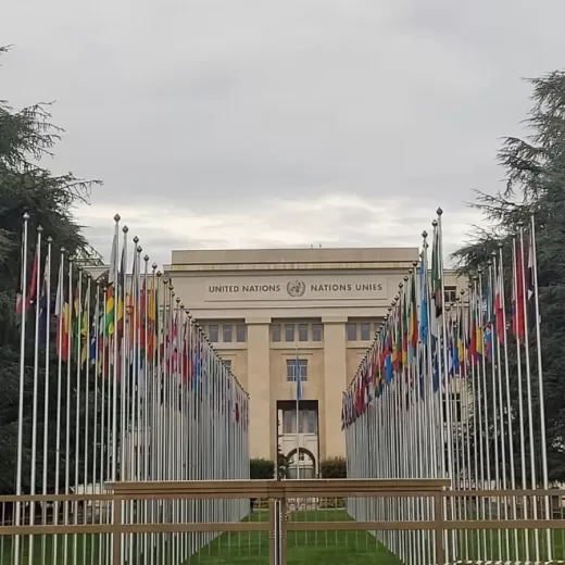 Photo of the United Nations building surrounded by rows of flagpoles displaying various national flags, with a cloudy sky and trees framing the scene.