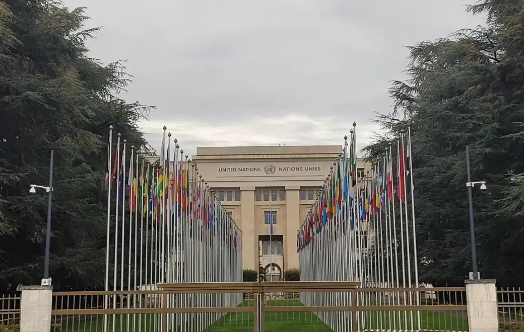 Photo of the United Nations building surrounded by rows of flagpoles displaying various national flags, with a cloudy sky and trees framing the scene.