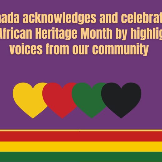 On top we read the words DAWN canada acknowledes and celebrates Black History and African Heritage Month by highlighting Black voices from our community in yellow on a purple background. We have two women shadows on both sides of the image, Black women with afros, a neclace and earrings. In the middle we have 4 hearts of different colors, yellow, red, green and black. At the bottom is the DAWN Canada logo of the hummingbird.