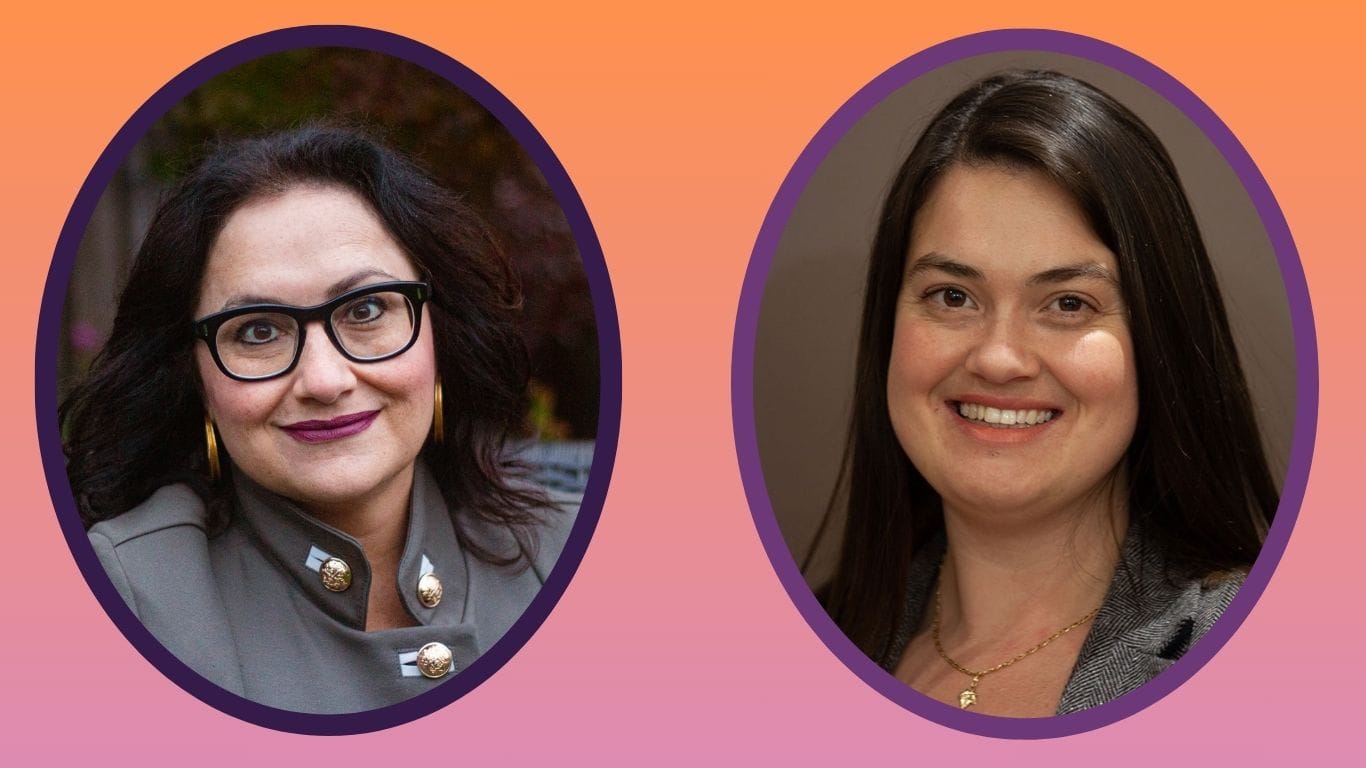 two headshots of two women, both in a round frame, smiling. Woman on left has dark hair, light skin, is wearing glasses and a chunky necklace. Woman on right has dark hair, light skin and waering a thin necklace.