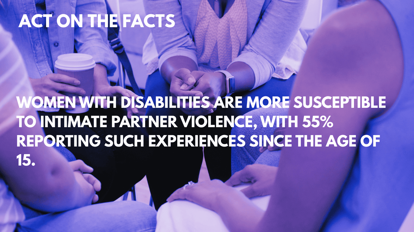 A group of people sitting in a circle, holding hands and supporting each other. The image has a purple tint and includes the text: "ACT ON THE FACTS. WOMEN WITH DISABILITIES ARE MORE SUSCEPTIBLE TO INTIMATE PARTNER VIOLENCE, WITH 55% REPORTING SUCH EXPERIENCES SINCE THE AGE OF 15."