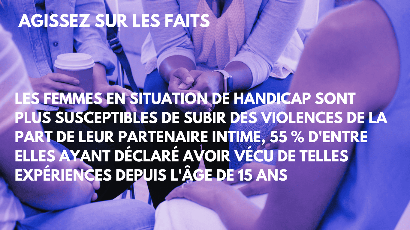 A group of people sitting in a circle, holding hands and supporting each other. The image has a purple tint and includes the text: "ACT ON THE FACTS. WOMEN WITH DISABILITIES ARE MORE SUSCEPTIBLE TO INTIMATE PARTNER VIOLENCE, WITH 55% REPORTING SUCH EXPERIENCES SINCE THE AGE OF 15."